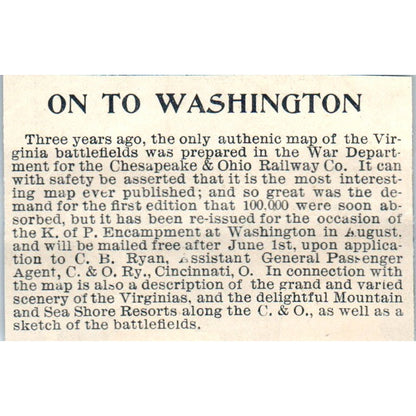 Chesapeake & Ohio Battlefield Maps C.B. Ryan Cincinnati OH 1894 Ad AB6-SM2