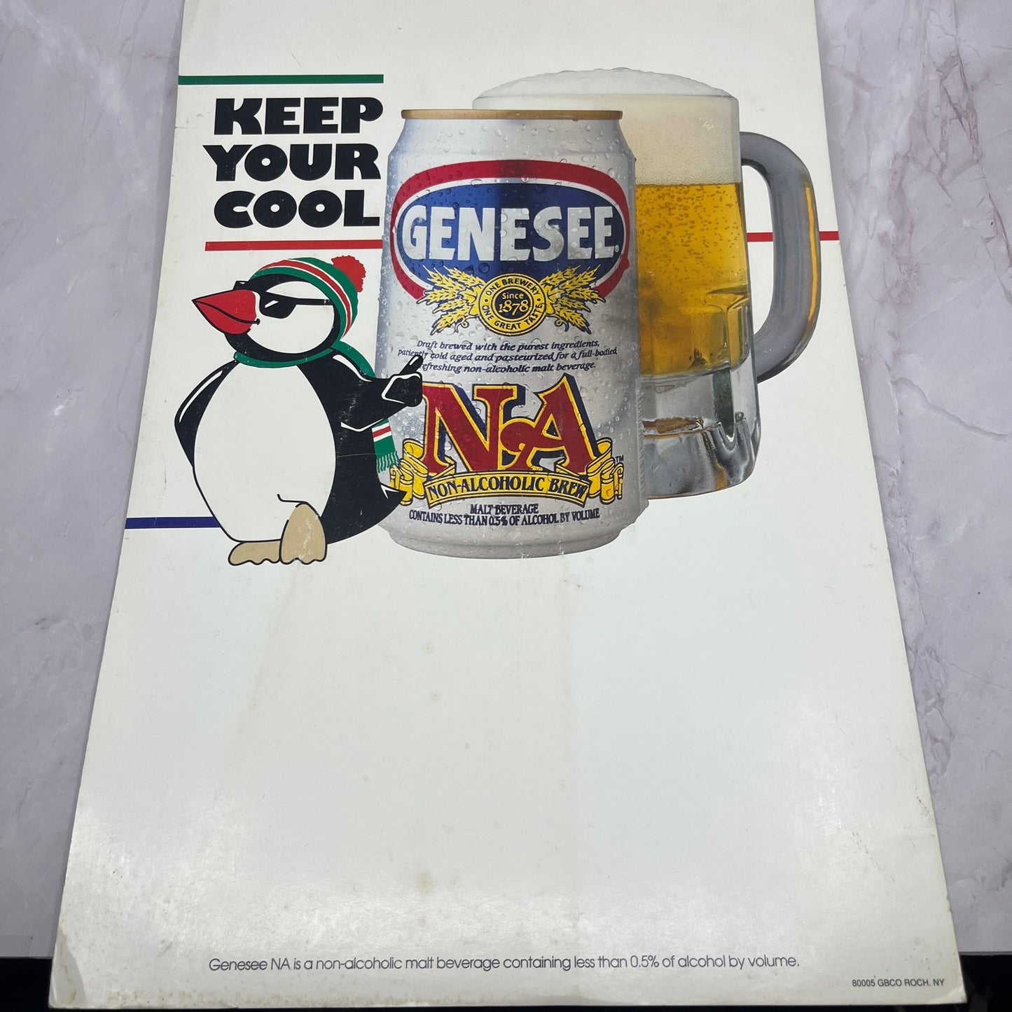 c1980 Genesee NA Non-Alcoholic Beer Penguin Cardboard Bar Store Sign 12x18 FL1