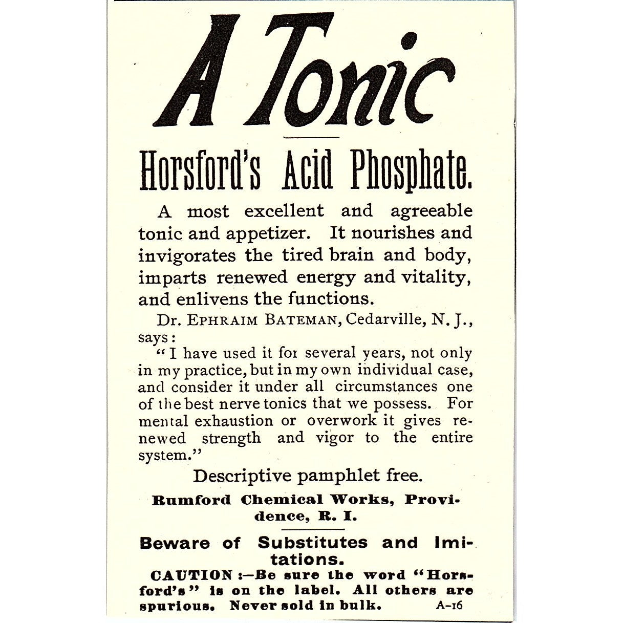 Horsford's Acid Phosphate Rumford Chemical Works Providence RI 1892 Ad AG2-M9
