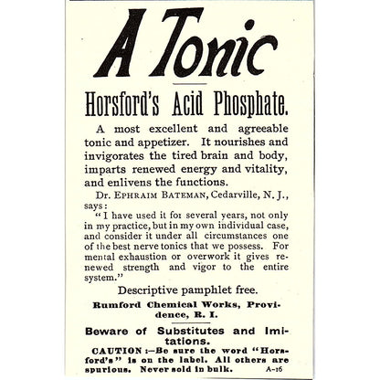Horsford's Acid Phosphate Rumford Chemical Works Providence RI 1892 Ad AG2-M9
