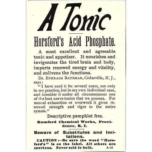 Horsford's Acid Phosphate Rumford Chemical Works Providence RI 1892 Ad AG2-M9