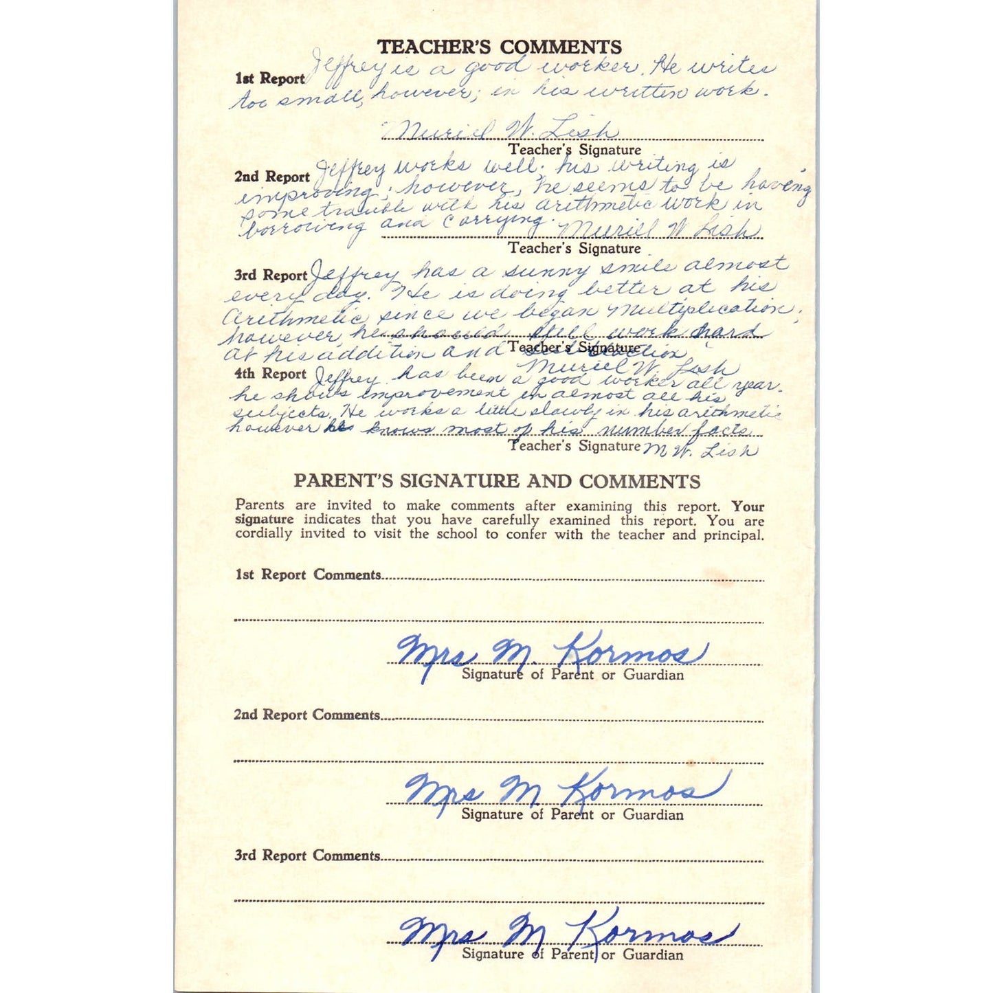 1954-55 Fresno City Schools Fresno CA Report Card Jeffrey Kormos Grade 3 AB9