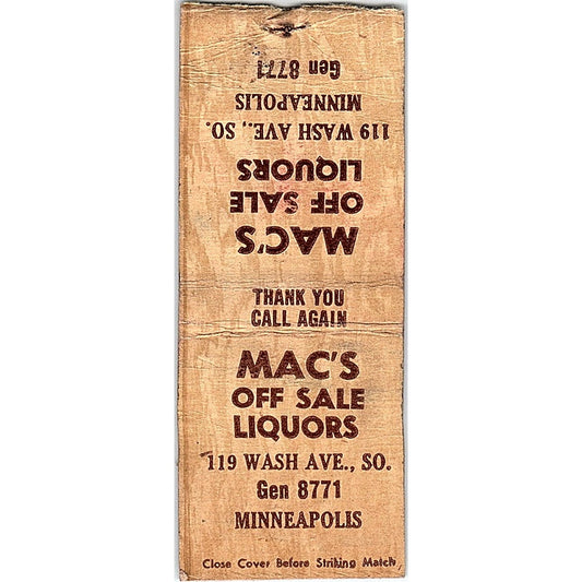 Mac's Off Sale Liquors Minneapolis Vintage Matchbook Cover SC7-Y4