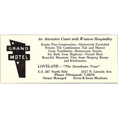 Grand Motel Ervin & Irene Mayborn Loveland CO 1958 Ad AG1-M2