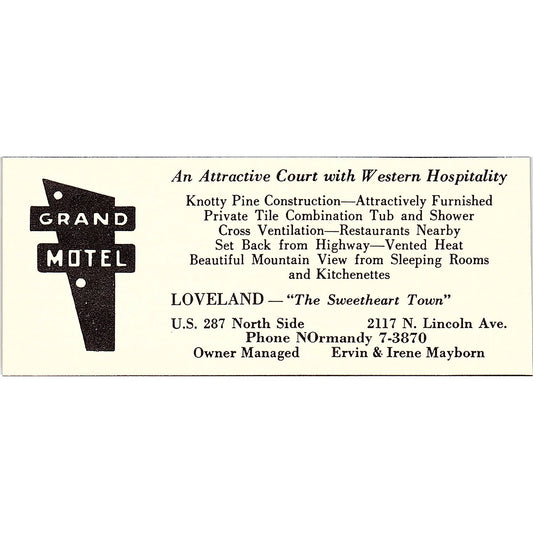 Grand Motel Ervin & Irene Mayborn Loveland CO 1958 Ad AG1-M2