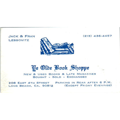 Ye Olde Book Shoppe Jack & Fran Lessovitz Long Beach CA Vtg Business Card SD8-B9
