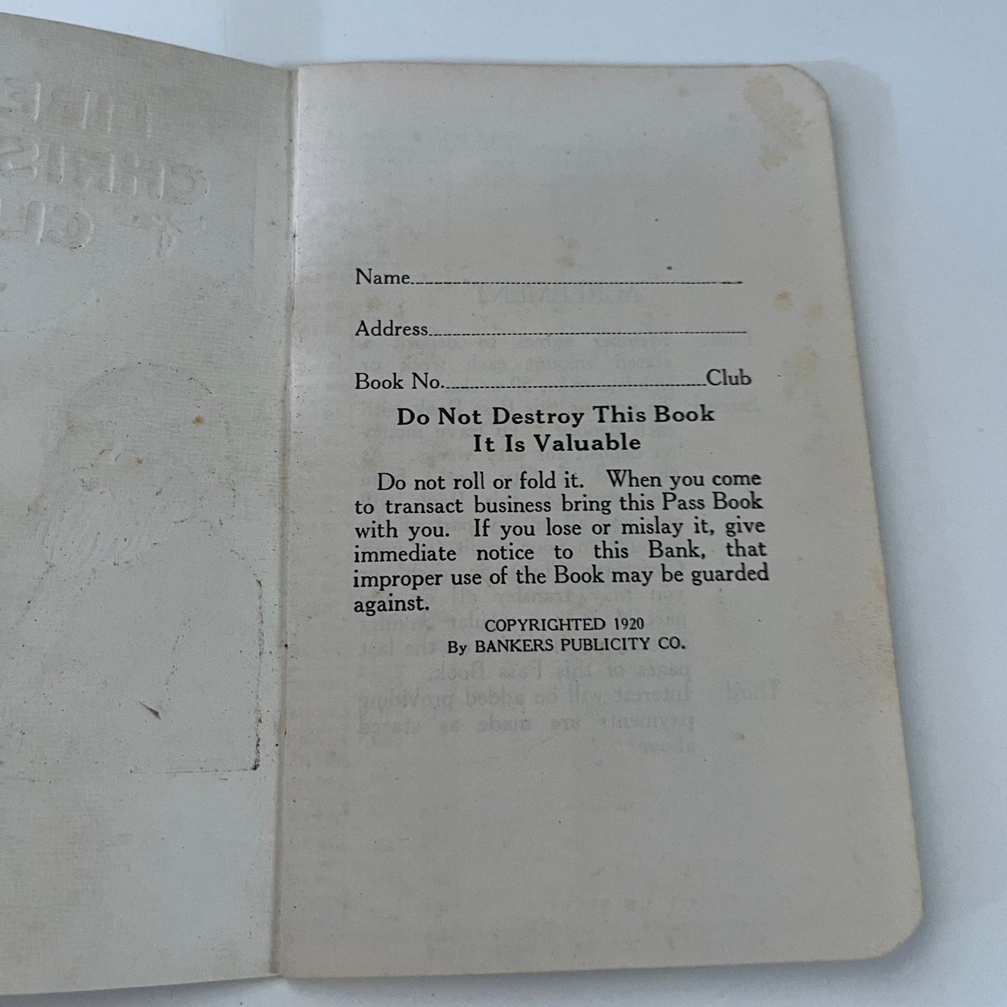 1920 Liberty Christmas Club Booklet Savings Bank of Kewanee IL TE2-BB