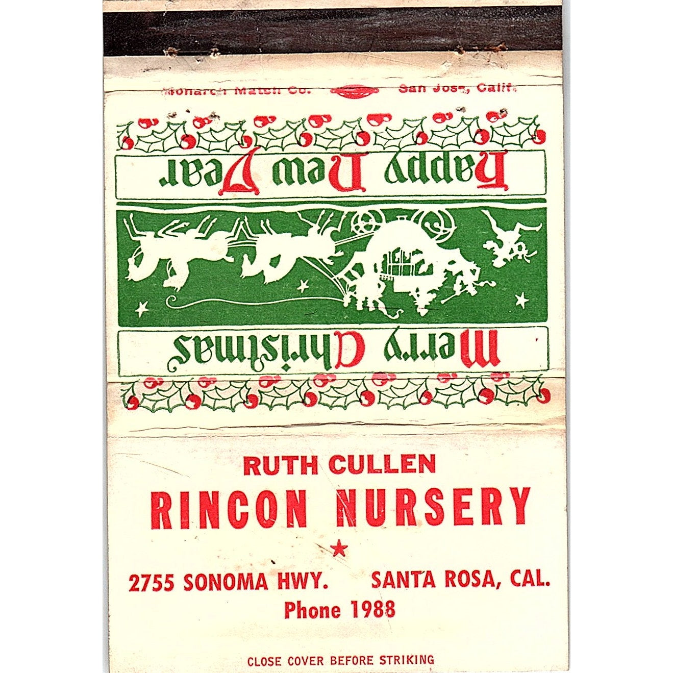 Rincon Nursery Ruth Cullen Santa Rosa CA Christmas Vintage Matchbook TB6-MB2-10
