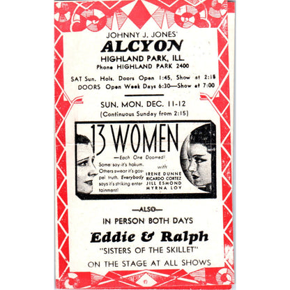 c1932 Johnny J. Jones Alcyon Theatre Highland Park IL Program 13 Women AB9