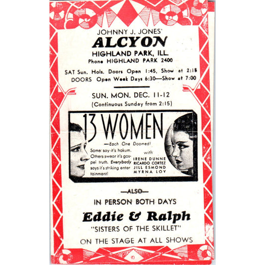 c1932 Johnny J. Jones Alcyon Theatre Highland Park IL Program 13 Women AB9