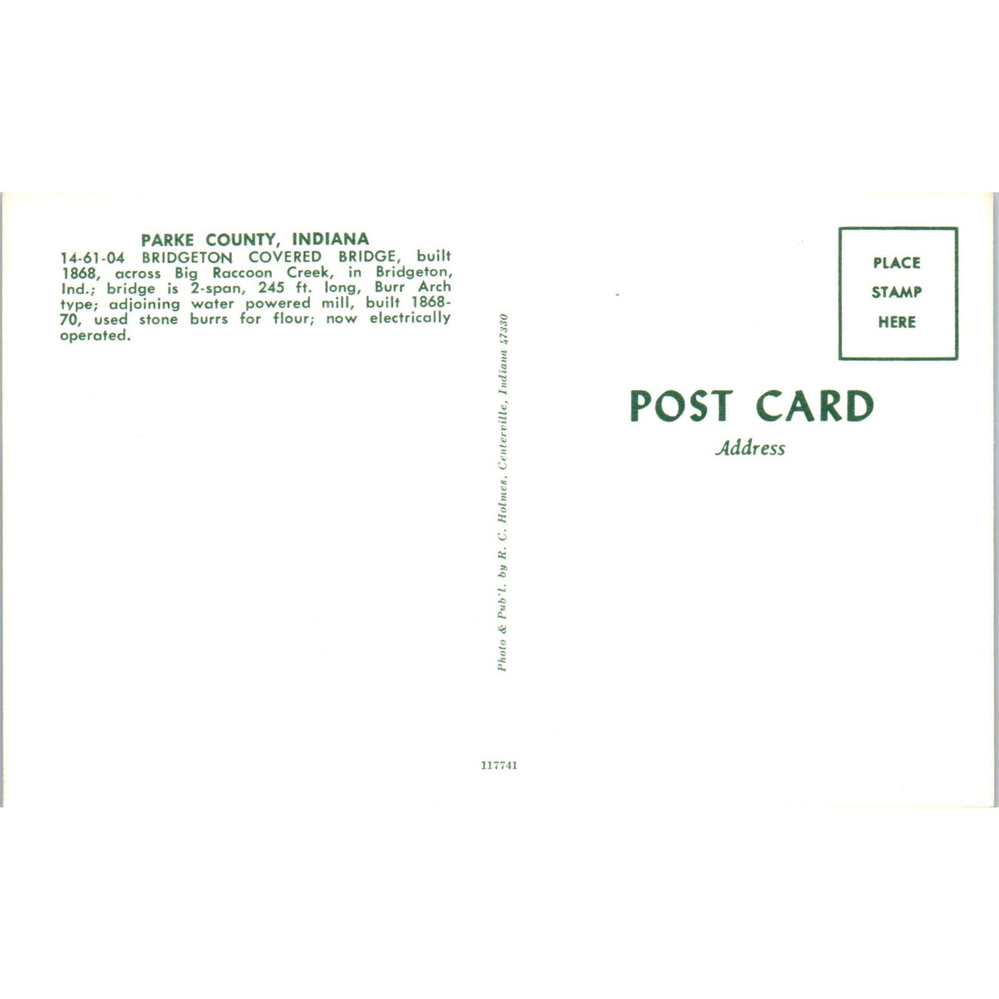 Bridgeton Bridge 14-61-04 Parke County No 8 Vintage Covered Bridge Postcard PD6