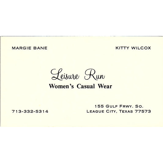 Leisure Run Women's Wear Margie Bane Wilcox League City TX Business Card SE5-B4