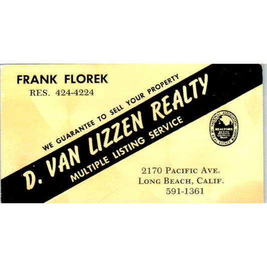 Frank Florek D. Van Lizzen Realty Long Beach CA Vintage Business Card SD4-B5