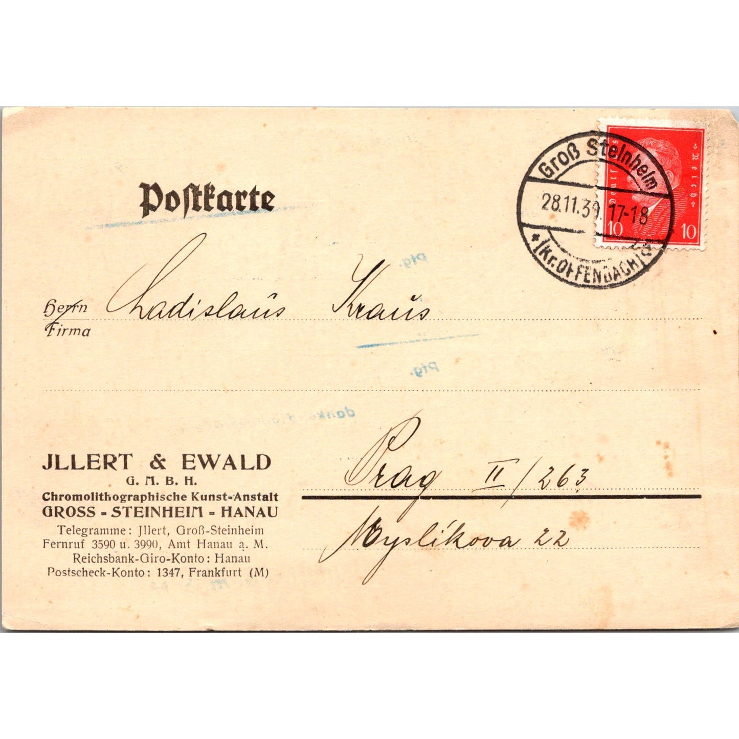 Jllert & Ewald Groß-Steinheim Frankfurt 1939 German Reich Postcard TE2-GRP