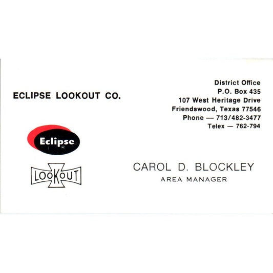 Eclipse Lookout Co. Carol D Blockley Friendswood TX Vintage Business Card SD4-B1