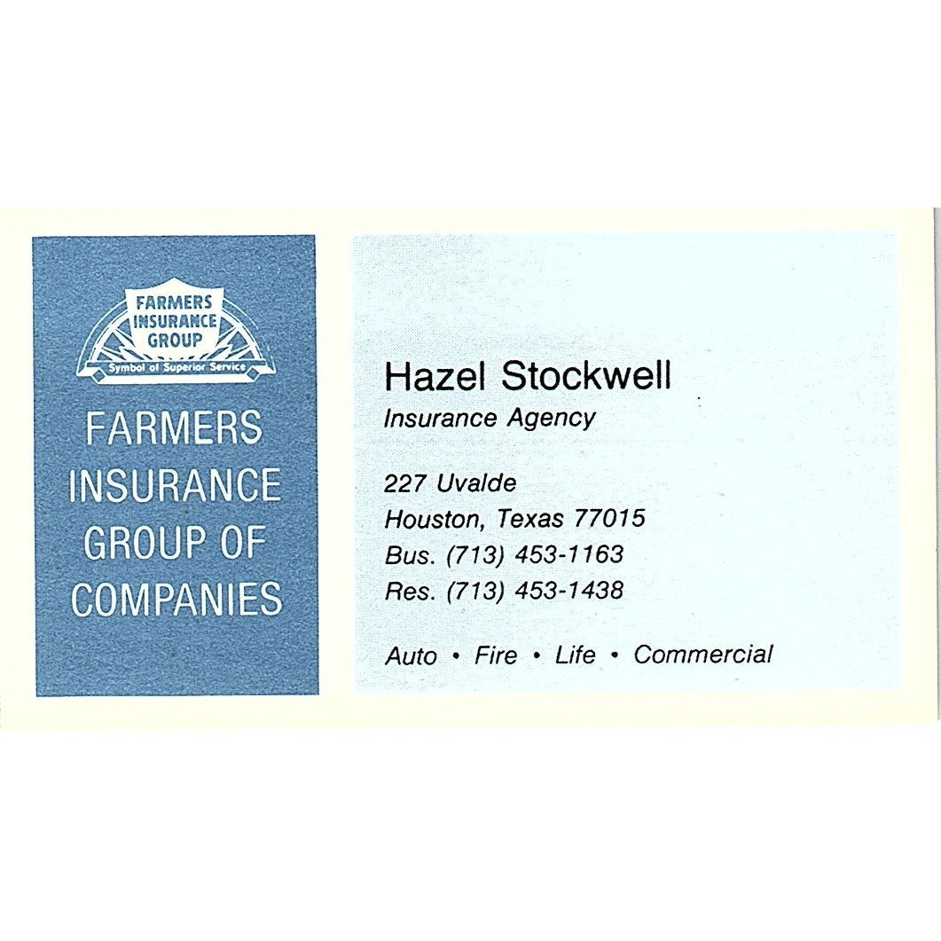 Hazel Stockwell Insurance Agency Houston Texas Business Card SB4-B3