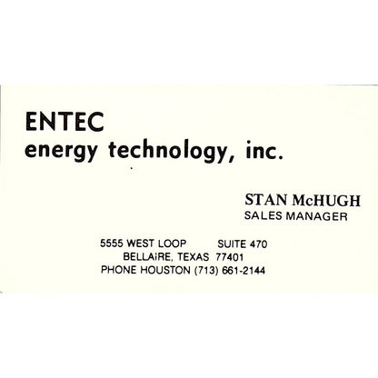 Entec Energy Technology Stan McHugh Bellaire Texas Vintage Business Card SF3-B5