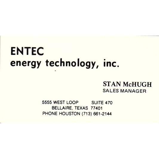 Entec Energy Technology Stan McHugh Bellaire Texas Vintage Business Card SF3-B5