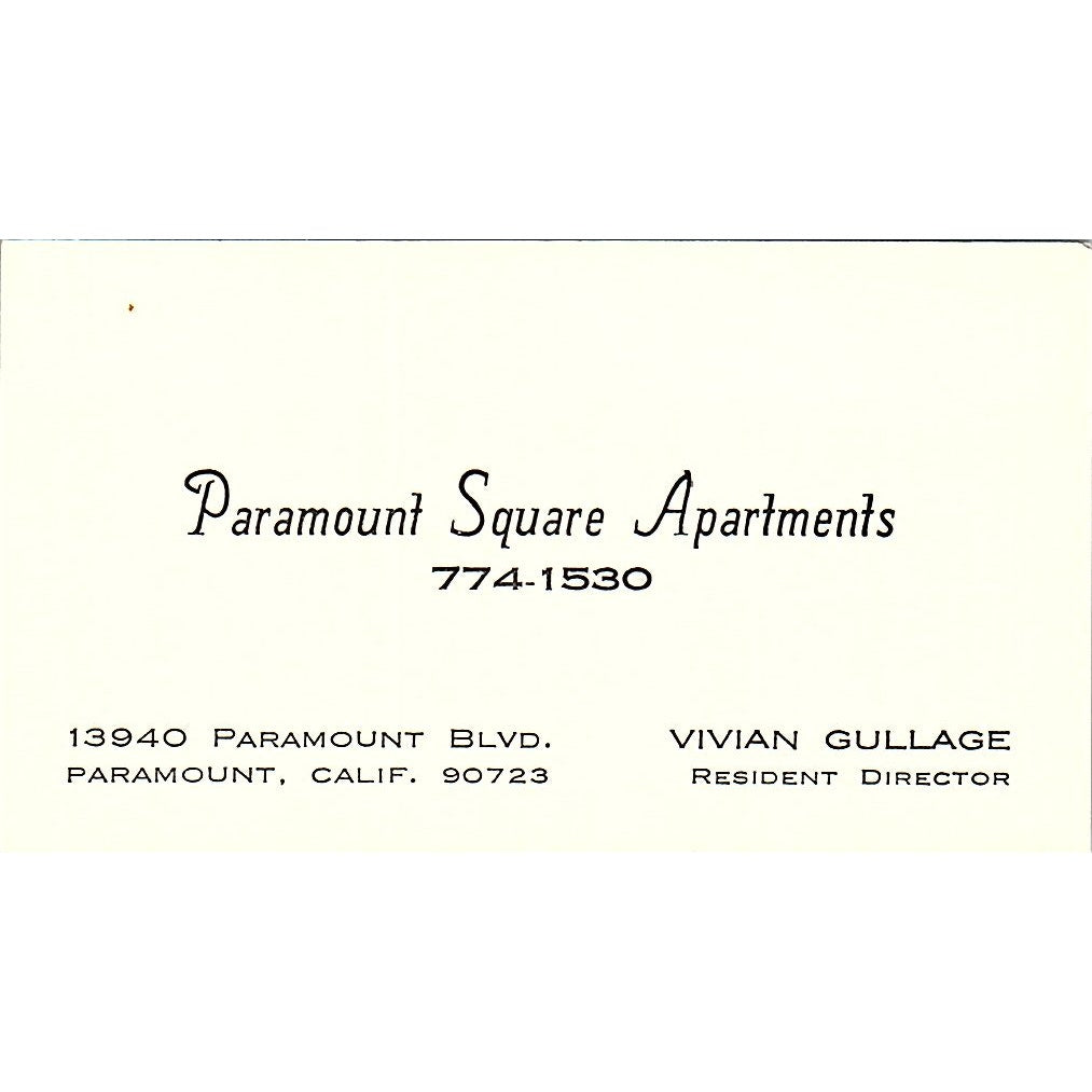 Paramount Square Apartments Vivian Gullage CA Vintage Business Card SE3-B15