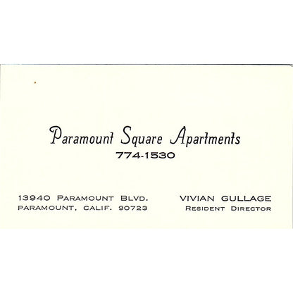 Paramount Square Apartments Vivian Gullage CA Vintage Business Card SE3-B15