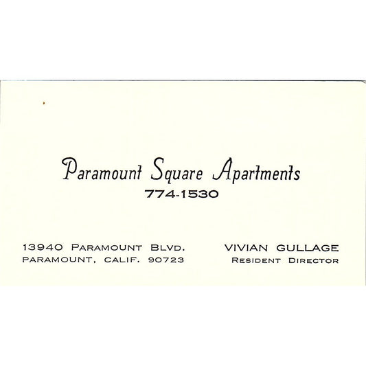 Paramount Square Apartments Vivian Gullage CA Vintage Business Card SE3-B15