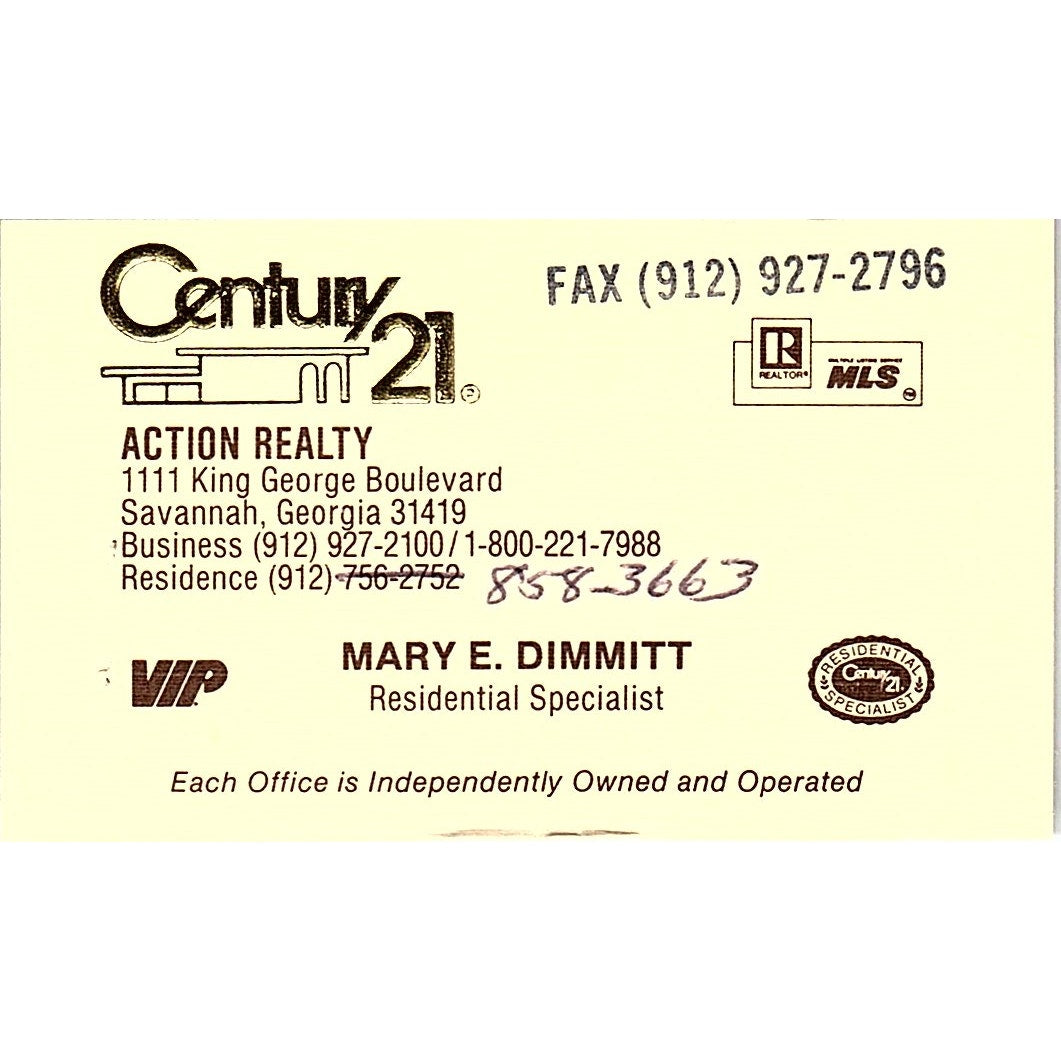 Mary E Dimmitt Action Realty Century 21 Savannah GA Vintage Business Card SC9-B5