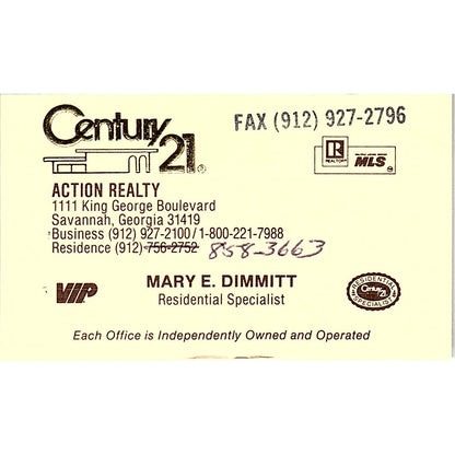 Mary E Dimmitt Action Realty Century 21 Savannah GA Vintage Business Card SC9-B5