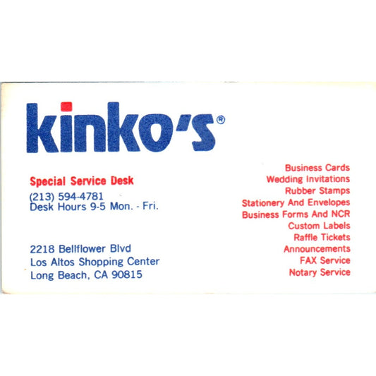 Kinko's Special Service Desk Long Beach CA Vintage Business Card SE3-B4
