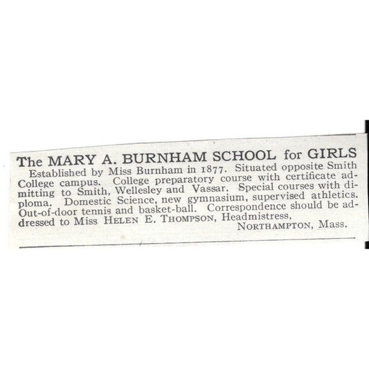 Mary A. Burnham School For Girls Northampton MA Miss H Thompson c1920 Ad AG4-S6
