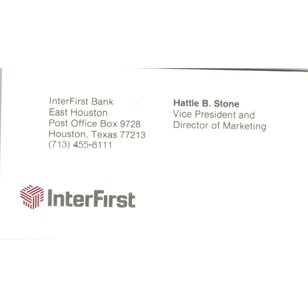 Hattie B. Stone InterFirst Bank Houston TX Vintage Business Card SE3-B8
