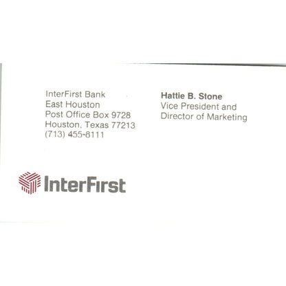 Hattie B. Stone InterFirst Bank Houston TX Vintage Business Card SE3-B8