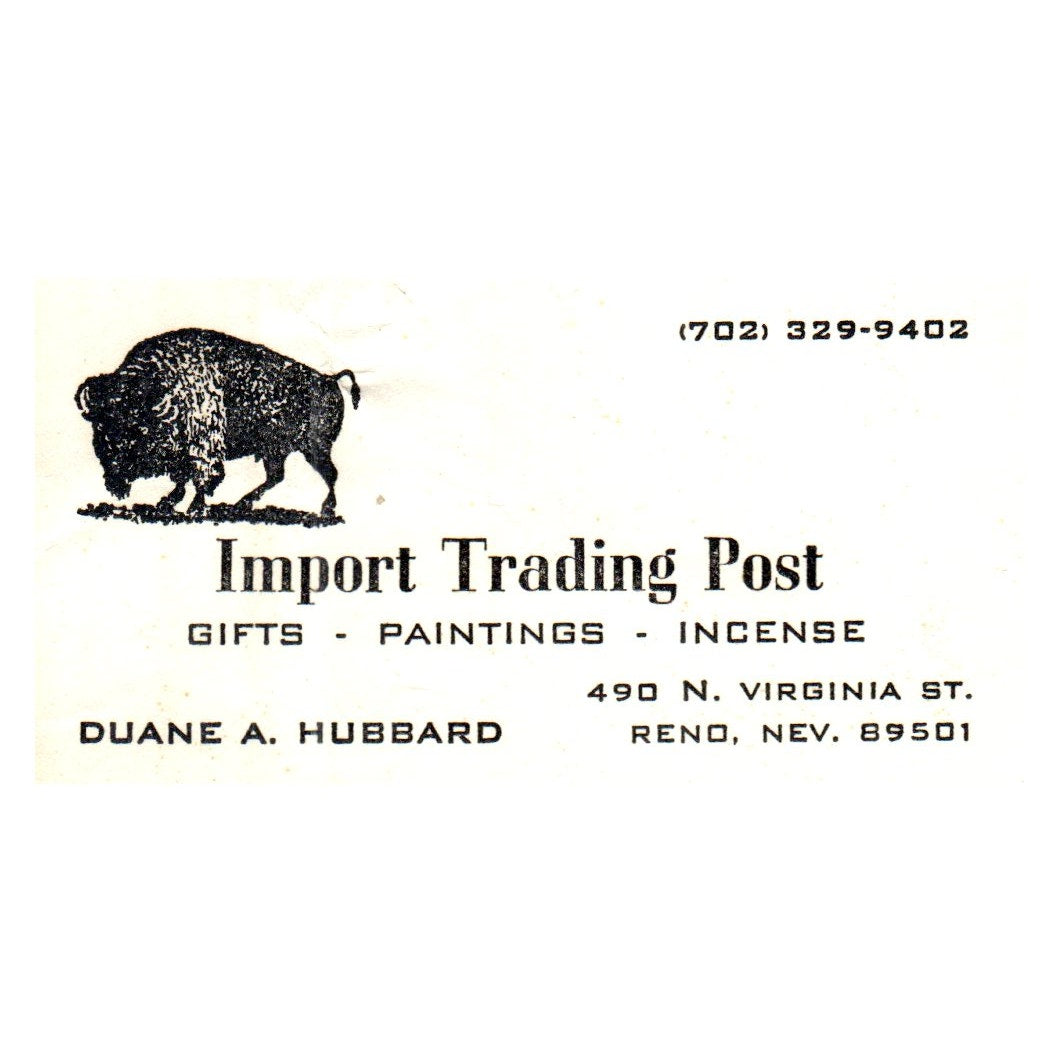 Vintage Import Trading Post Gifts Duane A. Hubard Reno, Nev Business Card SF3-B1