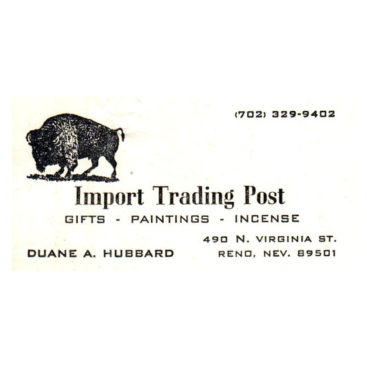 Vintage Import Trading Post Gifts Duane A. Hubard Reno, Nev Business Card SF3-B1