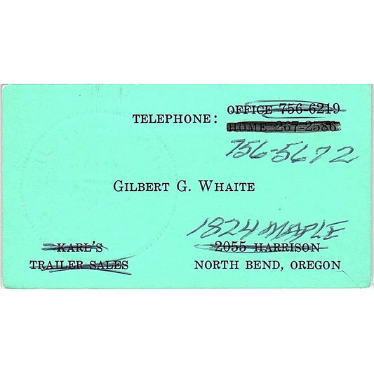 Gilbert G Whaite North Bend Oregon Vintage Business Card SB4-B6