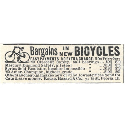 Bargain Bicycles Rose, Hazard & Co Peoria IL c1890 Victorian Ad AE9-CH1