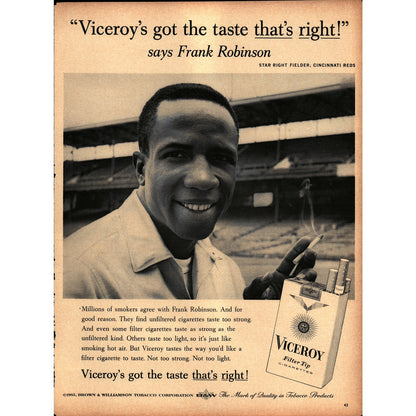 1962 Frank Robinson MLB Baseball Viceroy Magazine Ad 9.5x13" V1-1