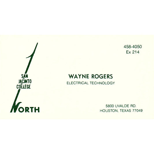 San Jacinto College Wayne Rogers Uvalde RD Houston Vintage Business Card SF3-B5