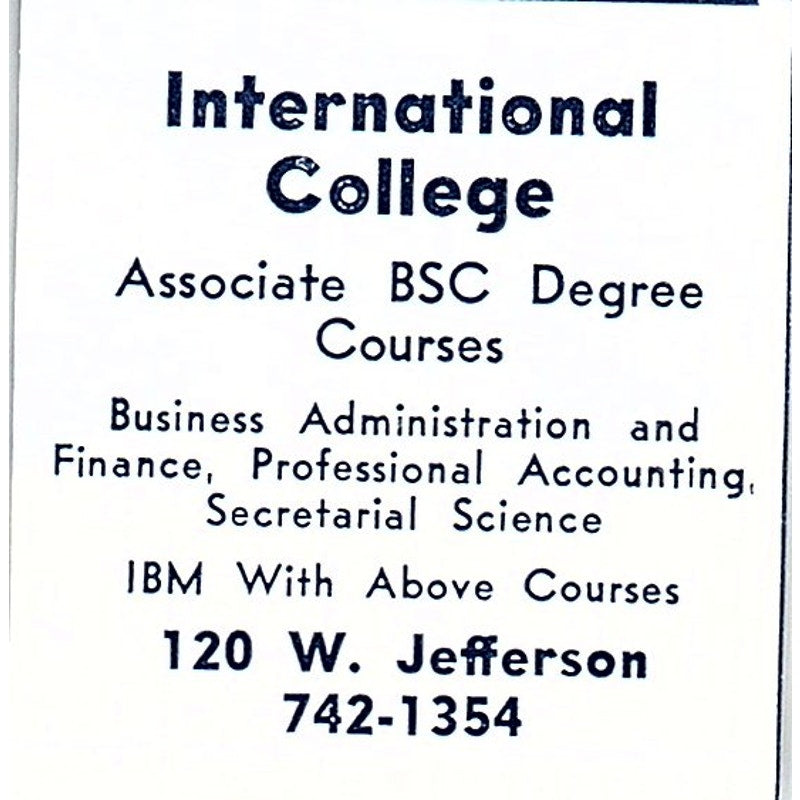 International College 120 W. Jefferson, Fort Wayne Indiana 1964 Ad AG1-S13