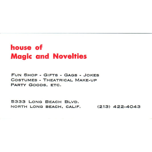 House of Magic and Novelties North Long Beach CA Vintage Business Card SE3-B7