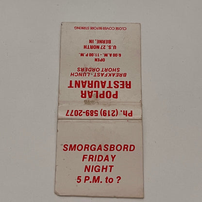 Poplar Restaurant Smorgasbord Berne IN Vintage Matchbook TB6-MB2-14