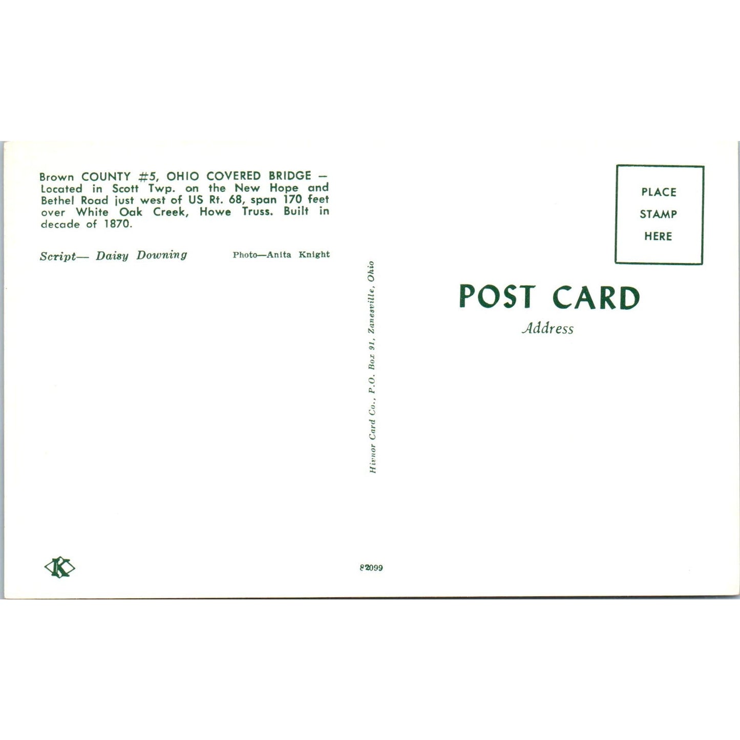 Brown County 5 Scott Twp White Oak Creek OH Vintage Covered Bridge Postcard PC13