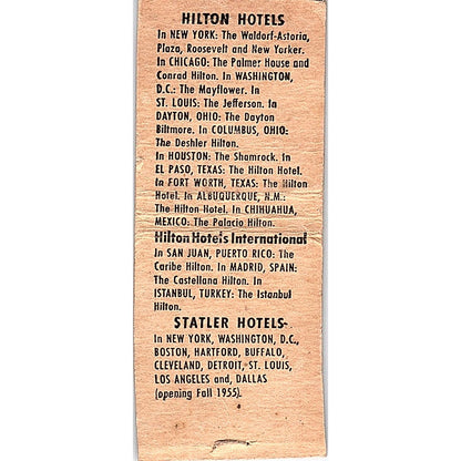 Hotel Statler Hilton Hotels Vintage Matchbook Cover SC7-Y8