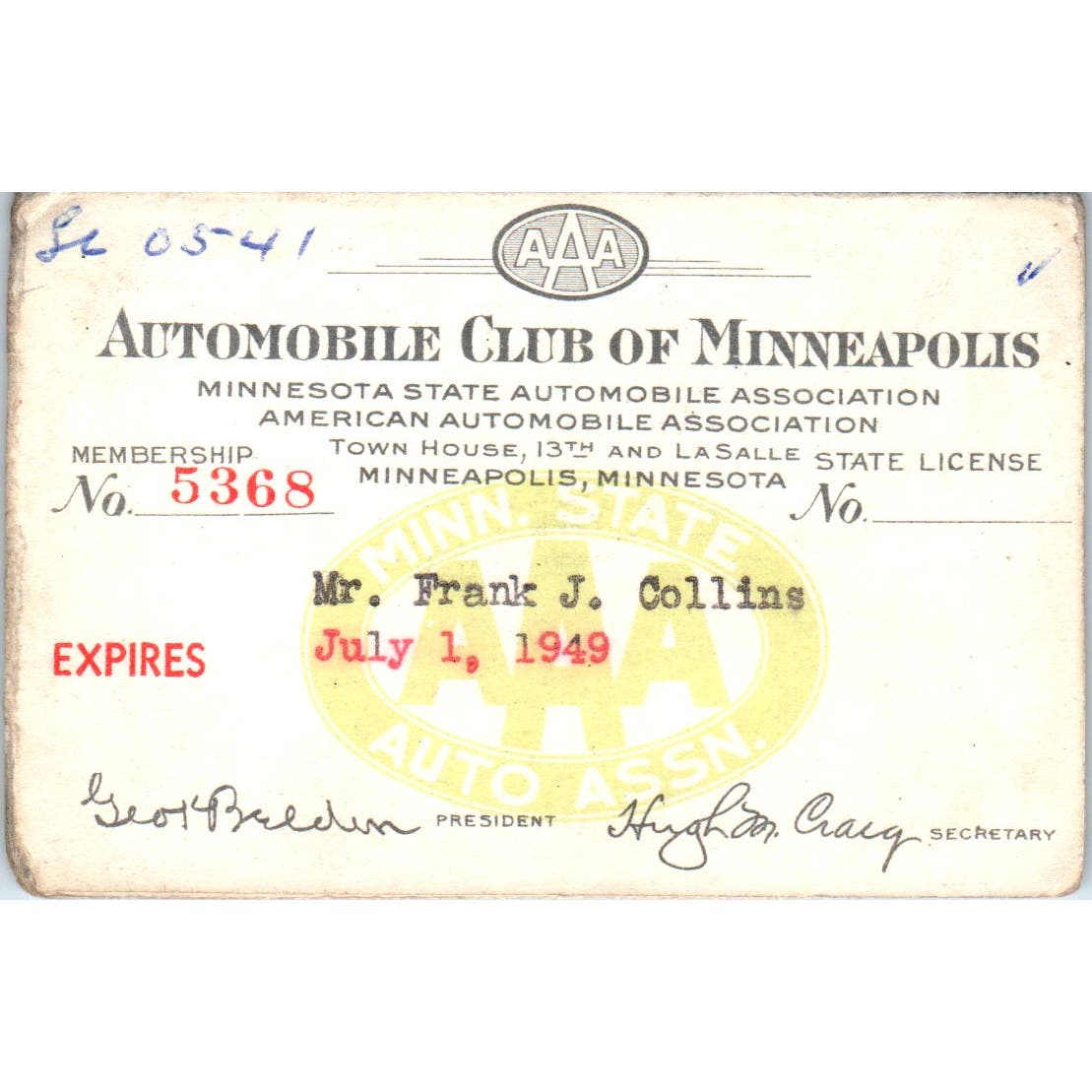 1949 AAA Automobile Club of Minneapolis Membership Card Frank J. Collins AE2