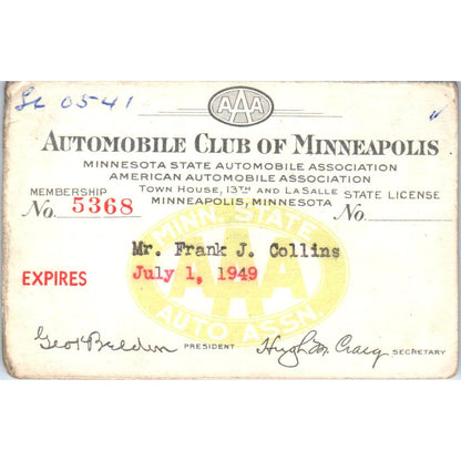 1949 AAA Automobile Club of Minneapolis Membership Card Frank J. Collins AE2