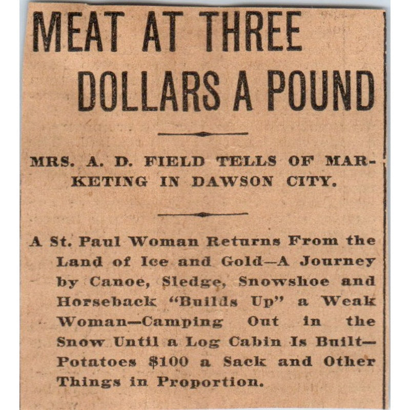 Mrs A.D. Field Recounts Dawson City Trip St. Paul 1898 Newspaper Ad AF2-Q4