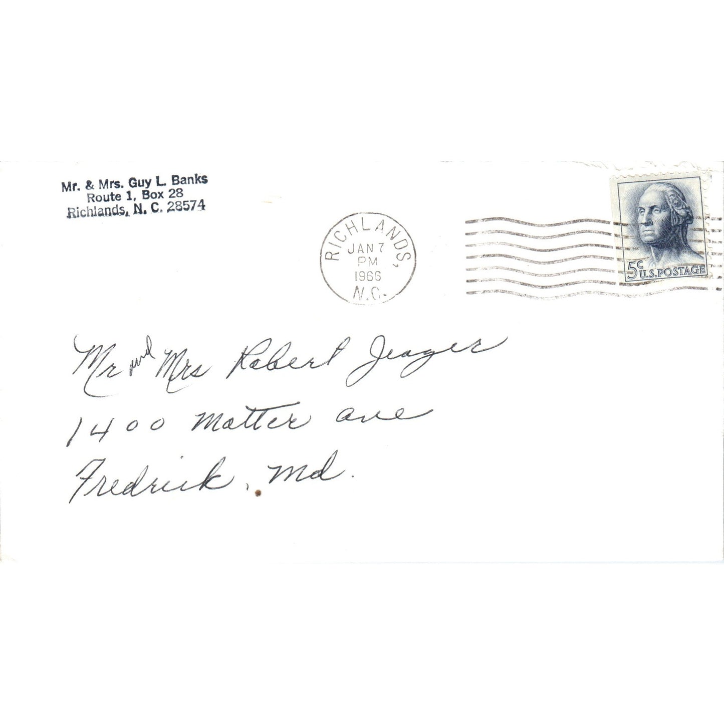 1966 Guy L. Banks Richlands NC to Frederick MD Postal Cover Envelope TG7-PC1