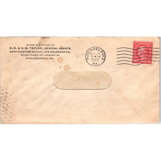 1922 C.B. & H.M, Taylor Philadelphia PA Postal Cover Envelope TG7-PC1
