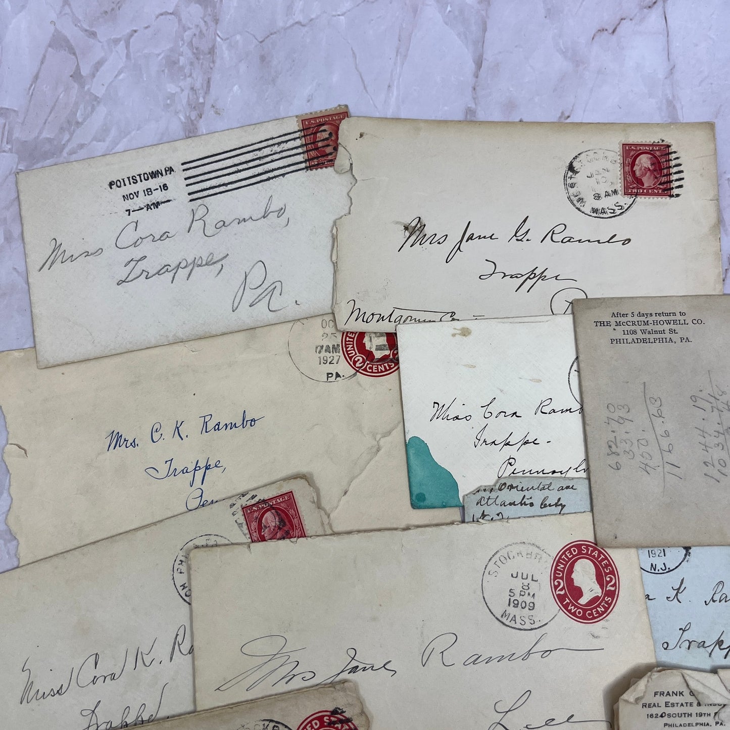 1909-20s Huge Lot Cora K. Rambo Lee MA Postal Cover Envelopes TI5-E-2