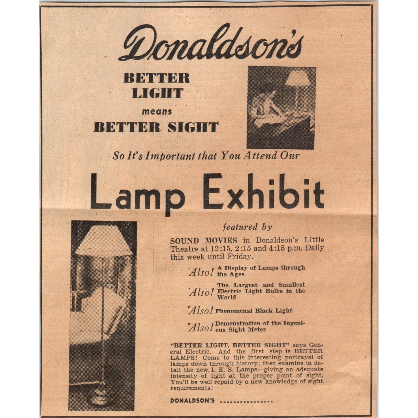 Donaldson's Lamp Exhibit 5x8 1935 Minneapolis Journal Advertisement AE7-N9