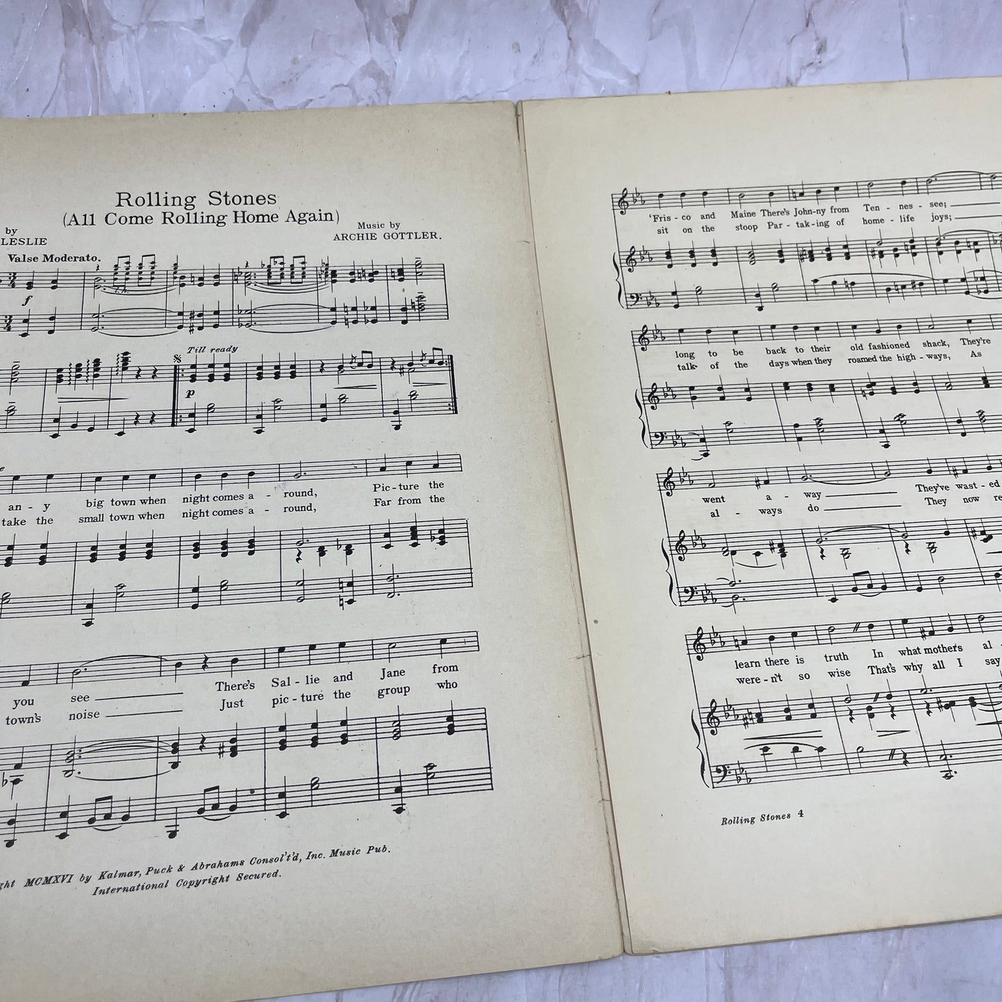 1916 Rolling Stones Edgar leslie Archie Gottler Antique Sheet Music Ti5